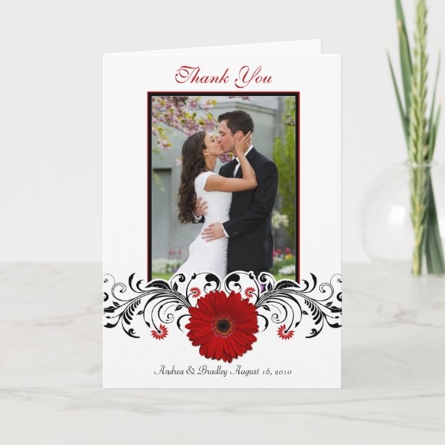 Red Gerbera Daisy Floral Foto Wedding Vielen Dank Dankeskarte (Vorderseite)