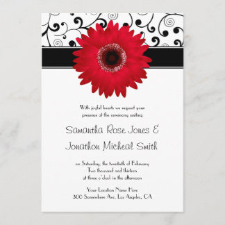 Red Gerbera Daisy mit Black Scroll Design Hochzeit Einladung