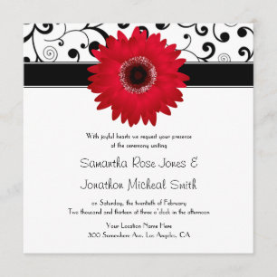 Red Gerbera Daisy mit Black Scroll Design Hochzeit Einladung