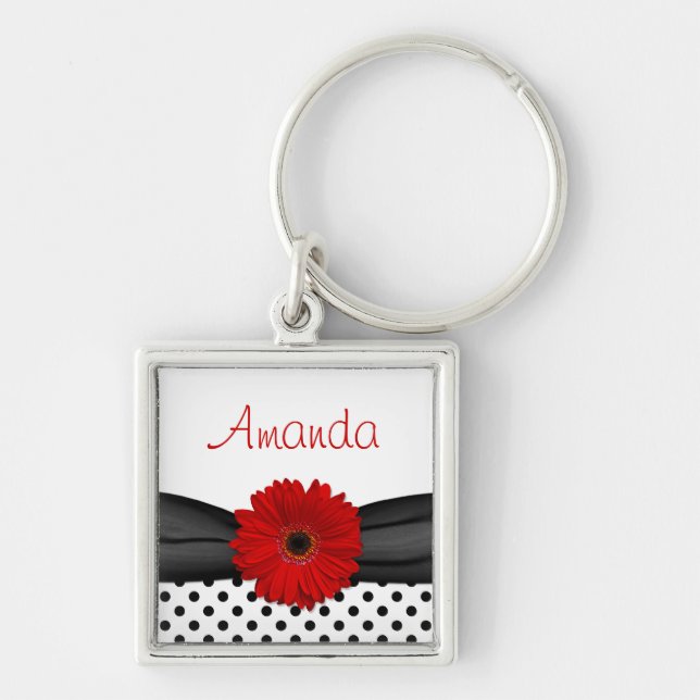 Red Gerbera Daisy Polka Dot Individuelle Name Schl Schlüsselanhänger (Vorne)