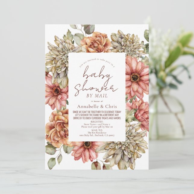 Red Gerbera & White Dahlia Baby Dusche von Mail Einladung (Stehend Vorderseite)