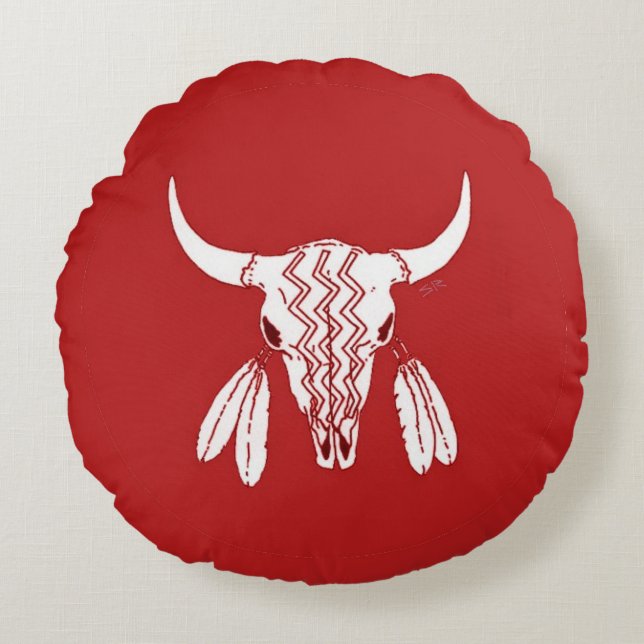 Red Ghost Dance Buffalo Rundkissen mit Poly-wurf Rundes Kissen (Vorderseite)