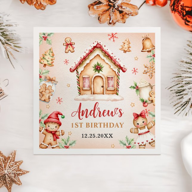 Red Gingerbread House 1st Birthday Party Serviette (Von Creator hochgeladen)
