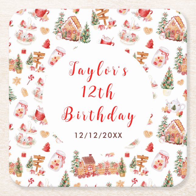 Red Gingerbread House Birthday Party Rechteckiger Pappuntersetzer (Vorderseite)