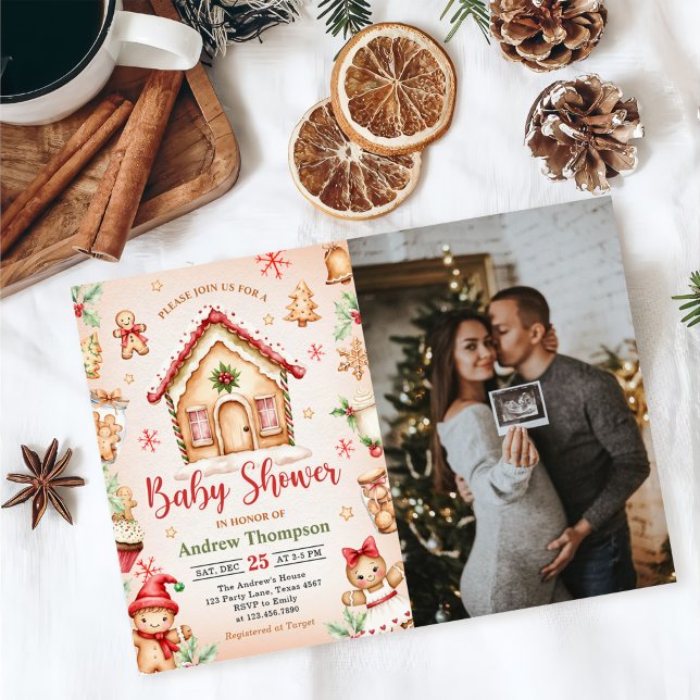 Red Gingerbread House Christmas Baby Shower Photo Einladung (Von Creator hochgeladen)