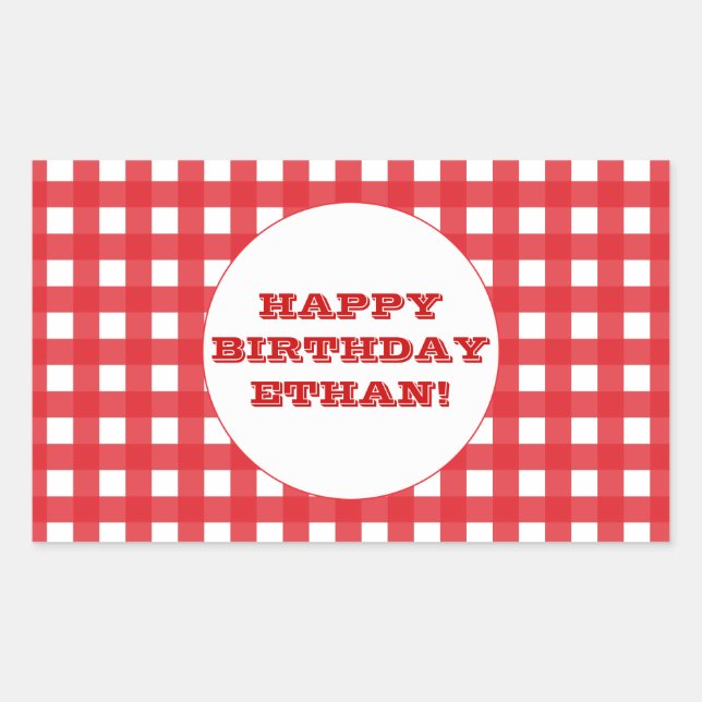 Red Gingham Anpassbare Party-Sticker Rechteckiger Aufkleber (Vorderseite)