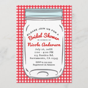 Red Gingham & Blue Mason Jar Rustikales Land Einladung