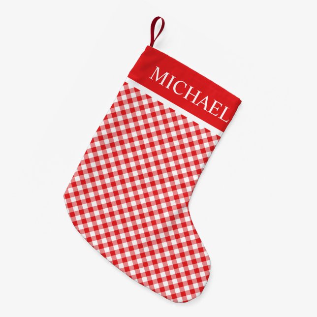 Red Gingham Buffalo Karo Individuelle Name Monogra Kleiner Weihnachtsstrumpf (Vorderansicht (hängend))