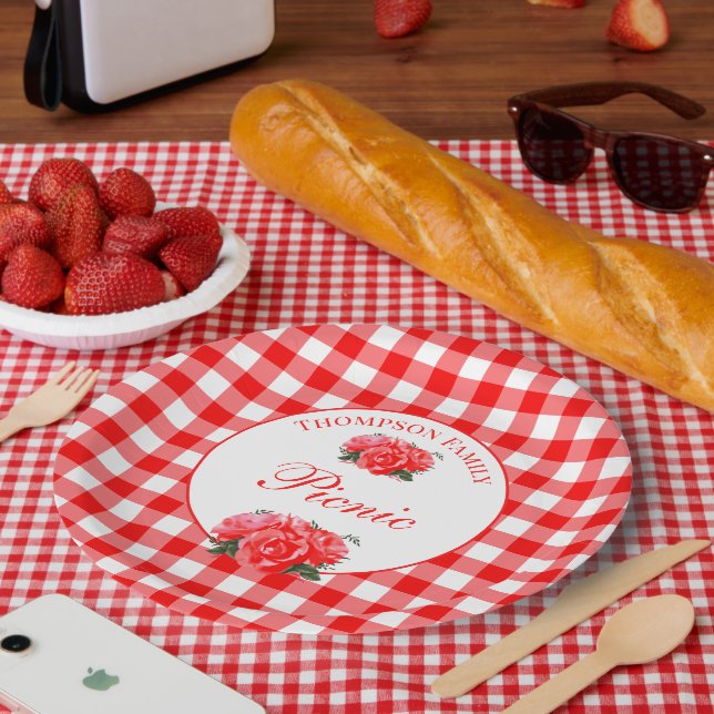 Red Gingham Buffalo Personalisiert Picnic Pappteller (Picknick)