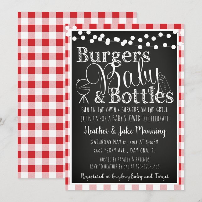 Red Gingham Burgers Bottles Baby Shower Einladung (Vorne/Hinten)