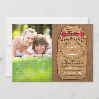 Red Gingham & Burlap Mason Jar Foto Save the Date