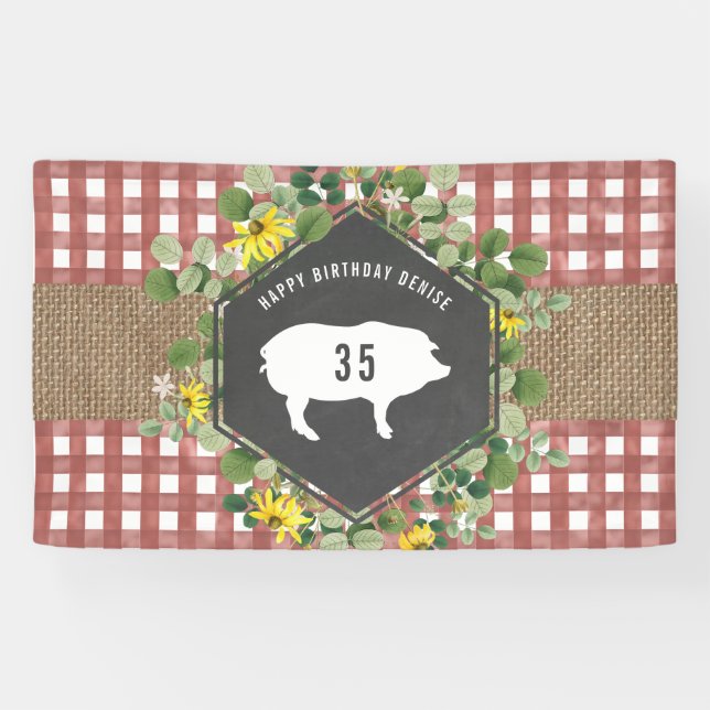 Red Gingham Burlap Pig Floral Birthday Grillen Banner (Horizontal)