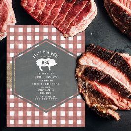 Red Gingham Chalkboard Pig Burlap Grillen Einladung