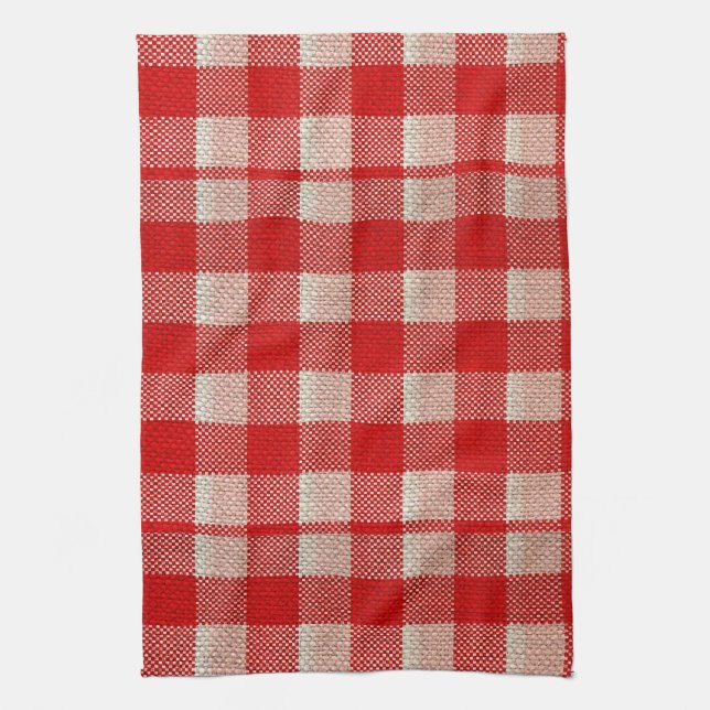Red Gingham Checkered Pattern Burlap Look Geschirrtuch (Vertikal)