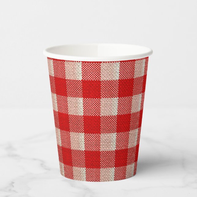 Red Gingham Checkered Pattern Burlap Look Pappbecher (Links)