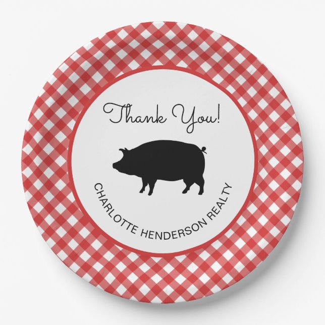Red Gingham Checkered Pig Roast GRILLEN Party Pappteller (Vorderseite)
