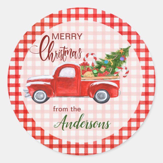 Red Gingham Christmas Truck Umschlag Aufkleber (Vorderseite)