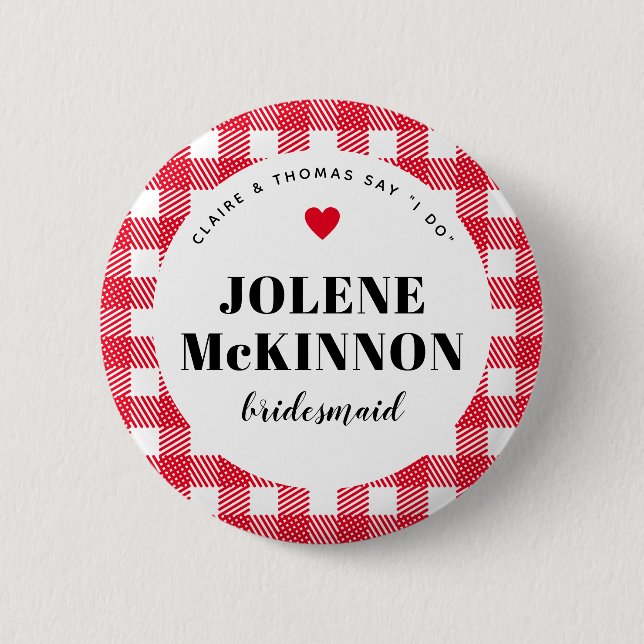 Red Gingham Country Wedding Bridesmaid Name Button (Vorderseite)