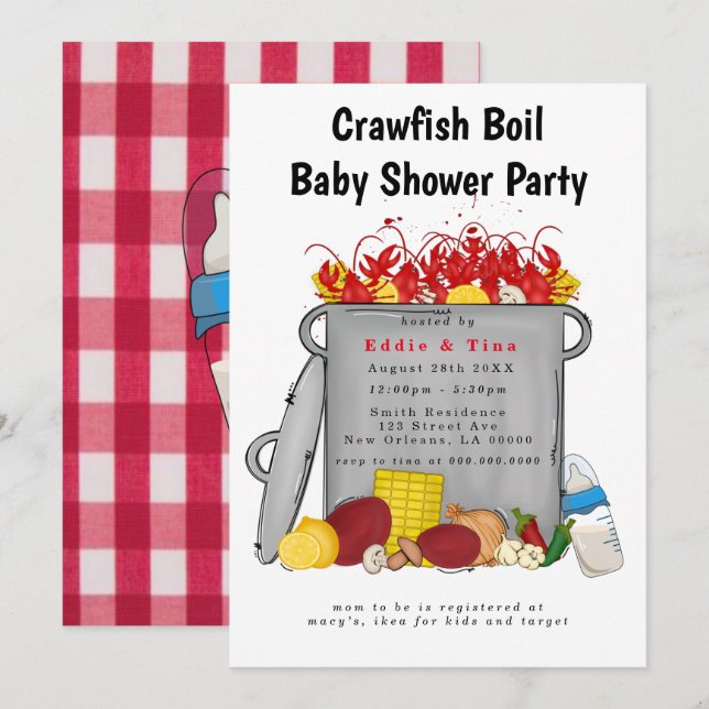 Red Gingham Crawfish Boil Babydusche Einladung (Vorne/Hinten)