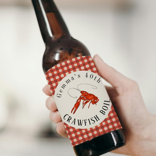 Red Gingham Crawfish Boil Seafood Party Bierflaschenetikett (Red Gingham Crawfish Boil Seafood Party Beer Bottle Label)