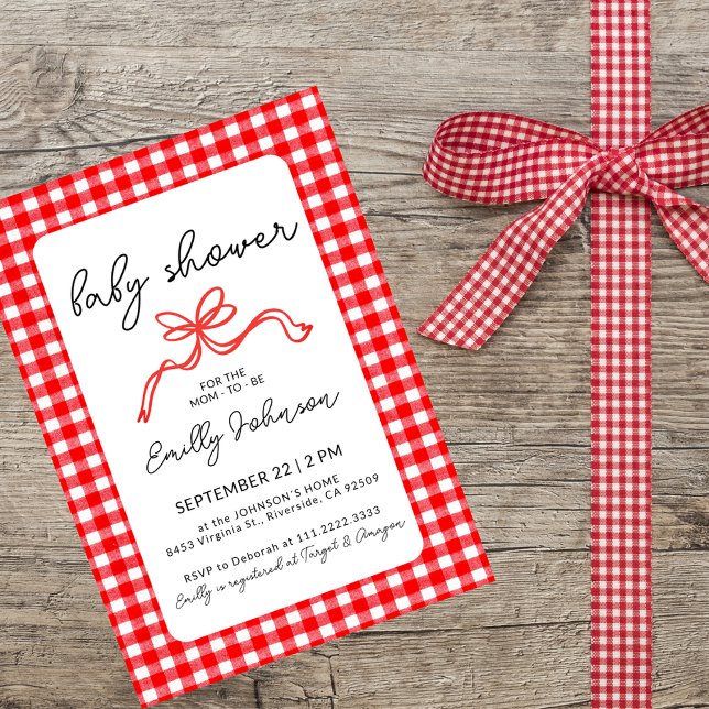 Red Gingham Cute Bow Handwriting Baby Shower Einladung (Von Creator hochgeladen)