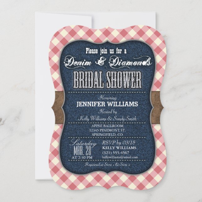 Red Gingham, Denim Bridal Dusche Einladung (Vorderseite)