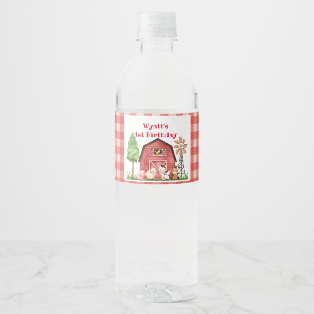 Red Gingham Farm First Birthday Drink Label (Vorderseite)