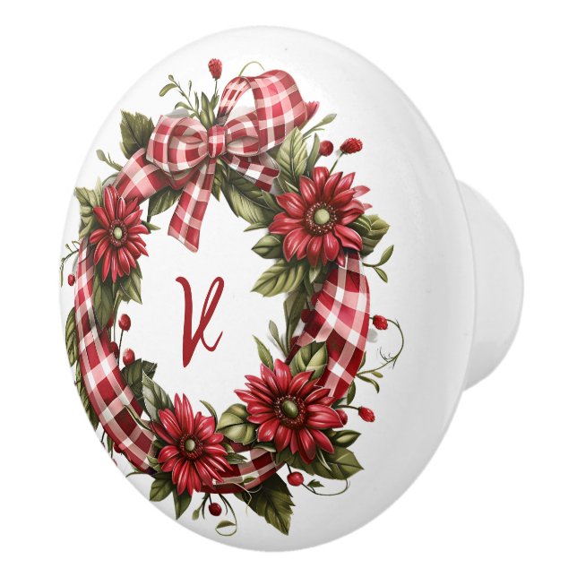 Red Gingham Floral Wreath Initial Keramikknauf (Rechts)