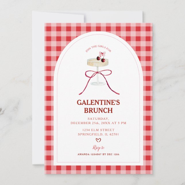 Red Gingham Galentine’s Brunch Cherry Cocktail  Einladung (Vorderseite)