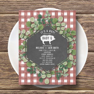 Red Gingham Greenery Baby Q Baby Shower Einladung
