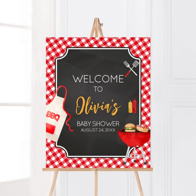 Red Gingham GRILLEN Baby Dusche Willkommen Poster (Burger in the Oven Baby Shower Welcome Sign)