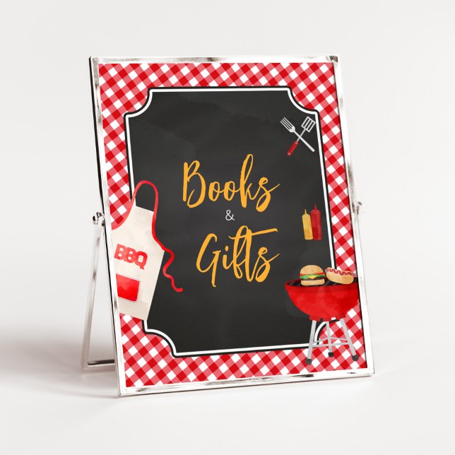 Red Gingham GRILLEN Baby Shower Bücher und Geschen Poster (Burger in the Oven Baby Shower Books and Gifts Sign)