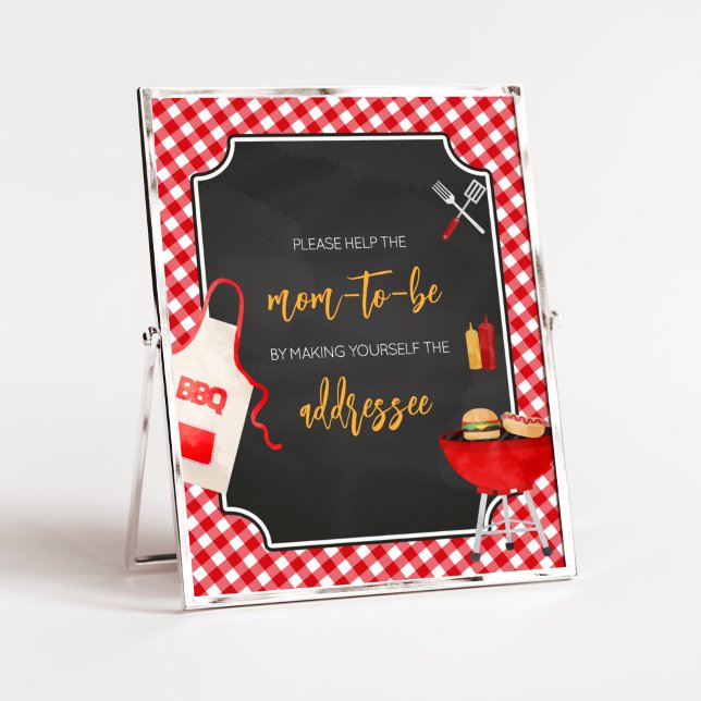 Red Gingham GRILLEN Baby Shower Envelope Station Poster (Burger in the Oven Baby Shower Envelope Station Sign)