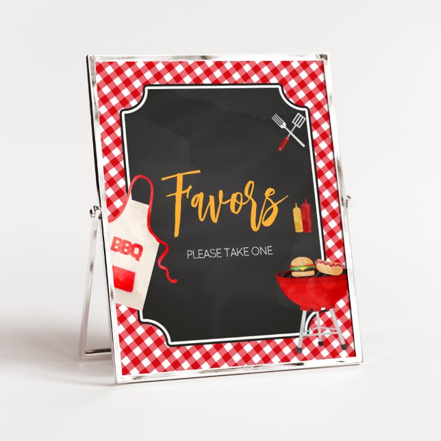 Red Gingham GRILLEN Baby Shower Favoriten Poster (Burger in the Oven Baby Shower Favors Sign)