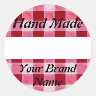 Red Gingham Hand Made Label Runder Aufkleber