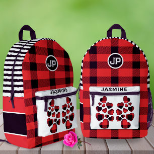 Red Gingham Heart Individuelle Name Links-Handed S Bedruckter Rucksack