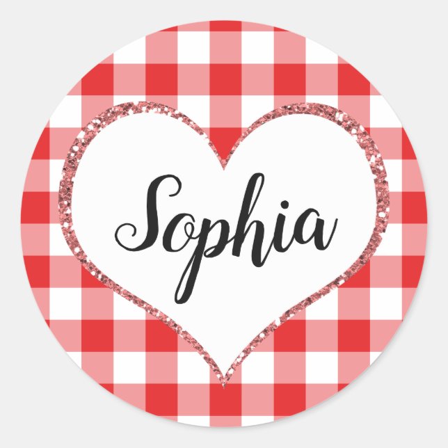 Red Gingham Heart Individuelle Name Monogram Valen Runder Aufkleber (Vorderseite)