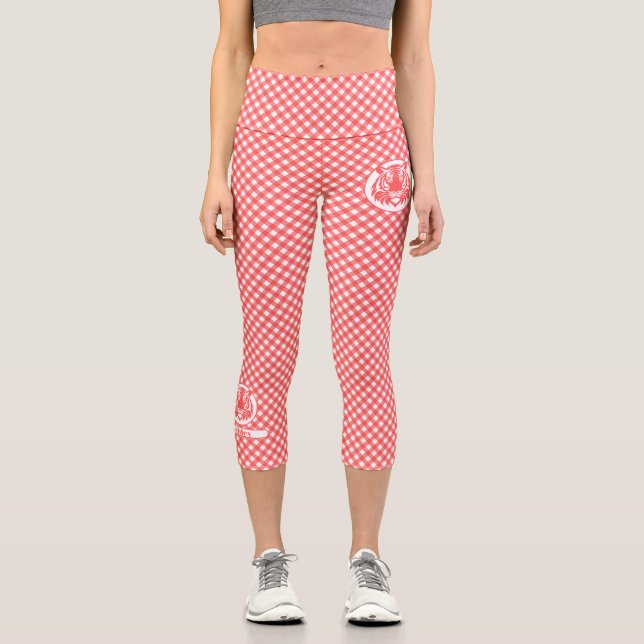 Red Gingham Kariert mit Red Tiger Head und Name Capri Leggings (Vorderseite)