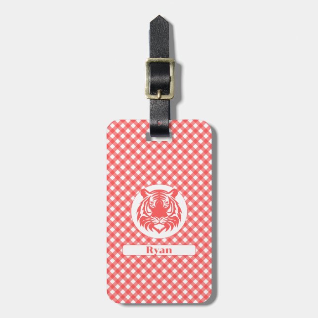 Red Gingham Kariert mit Red Tiger Head und Name Gepäckanhänger (Vorderseite vertikal)