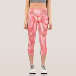Red Gingham Kariert mit White Elephant und Name Capri Leggings