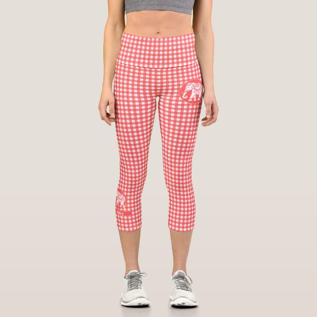 Red Gingham Kariert mit White Elephant und Name Capri Leggings (Vorderseite)