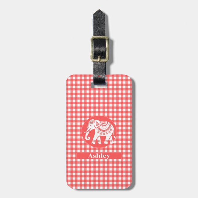 Red Gingham Kariert mit White Elephant und Name Gepäckanhänger (Vorderseite vertikal)