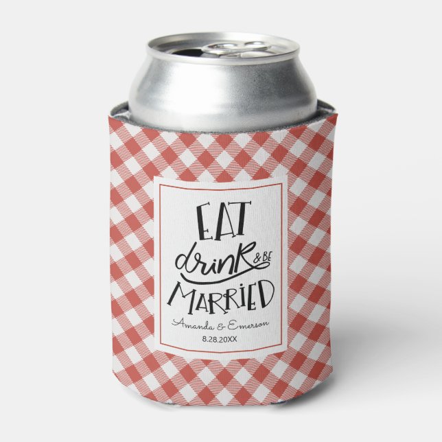Red Gingham Karo essen Drink Verheiratet Hochzeit  Dosenkühler (Kanne Vorderseite)
