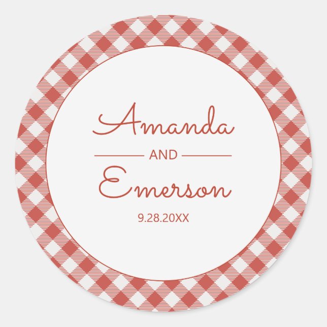 Red Gingham Karo Fun Lässig Custom Wedding Gefalle Runder Aufkleber (Vorderseite)