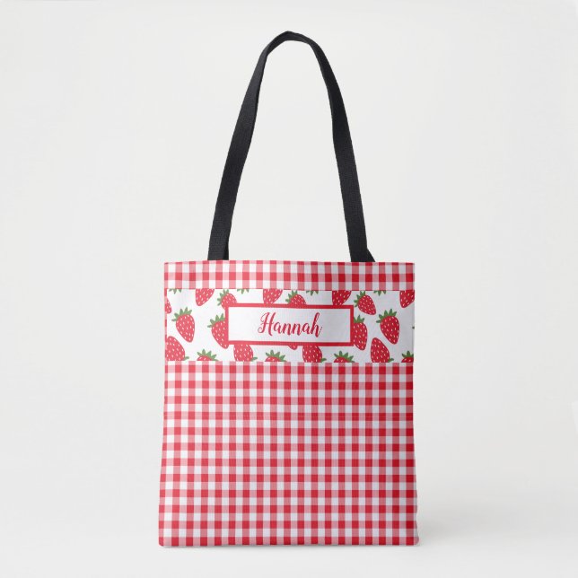 Red Gingham Karo und Strawberries Mit Monogramm Tasche (Vorderseite)