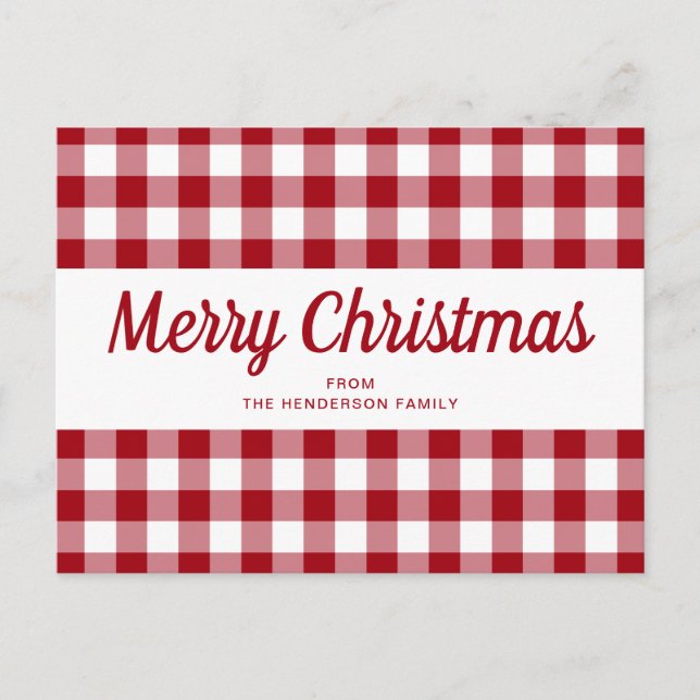 Red Gingham Merry Weihnachtskritik Postkarte (Vorderseite)