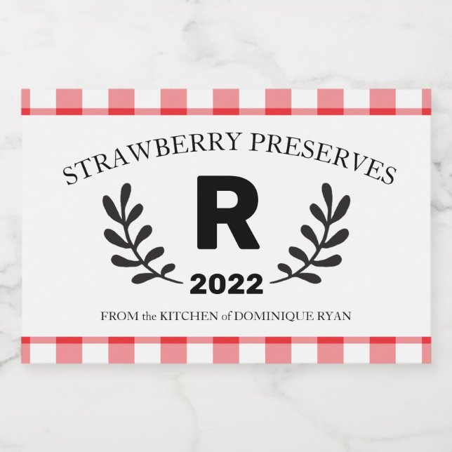 Red Gingham Monogram Homemade Lebensmitteletikett (Einzelnes Label)