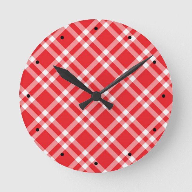 Red Gingham Pattern Runde Wanduhr (Vorderseite)