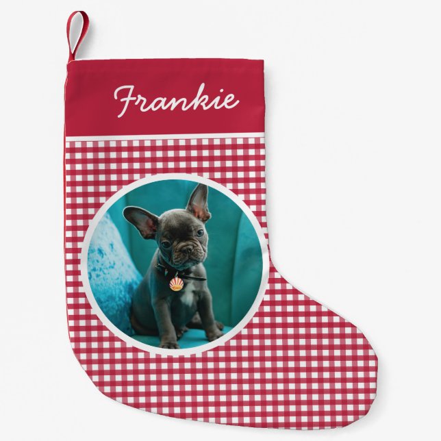 Red Gingham Pet Foto Kleiner Weihnachtsstrumpf (Vorderseite)