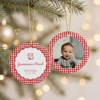 Red Gingham Photo Baptism Keramik Ornament